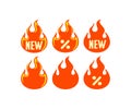 Fire, bonfire, flame, label and tag, sticker with word new, graphic design. Sale, discount and hot prices, shopping labels and pro