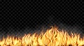 Fire border. Hot red flame effects. Yellow and orange blaze with smoke and sparks. Ignite dark burn. Fiery and danger Royalty Free Stock Photo