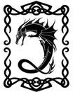 Fire-breathing dragon in a Celtic frame - a vector silhouette picture with a mythological creature. Dragon curved in the shape of