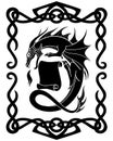Fire-breathing dragon with a scroll of parchment in a Celtic frame - a vector silhouette picture with a mythological creature. Dra
