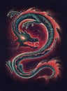 Fire breathing realistic Chinese dragon hand drawn by oil on canvas painting art, reptile illustration, drawing with flying snake Royalty Free Stock Photo