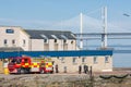 Fire-brigade exercise at jetty lifeboats station near Forth Road Bridge