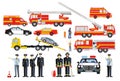 Fire brigade operation and police operation with firefighters and police officers, illustration isolated