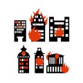 Fire building. Set of icons lit city buildings.