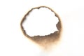 Fire burned hole white paper background texture. Paper burn mark stain