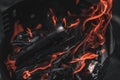 Fire burning in a barbecue with wood, closeup shot Royalty Free Stock Photo