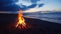 Fire is burning on a beach at sunset Royalty Free Stock Photo