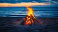 Fire is burning on a beach at sunset Royalty Free Stock Photo
