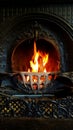 Fire burning in black forged vintage fireplace