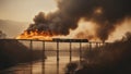 fire burning _ A burning train on fire, exploding, that crosses a exploding bridge being blown up, over a river Royalty Free Stock Photo