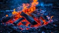 A fire is burning in a campfire with logs and wood, AI Royalty Free Stock Photo