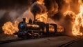 fire burning in the city _An on fire steam train burning and exploding with fire, that has been lost and found