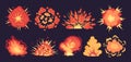Fire burning clouds. Cartoon danger bomb explosions. Dynamite detonation with fire and smoke clouds vector illustrations set