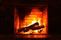 Fire in burning fireplace in winter close-up Royalty Free Stock Photo