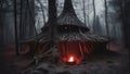 fire burning in the forest A cursed forest with a witch hut in the center. The hut is made of bones and wood,