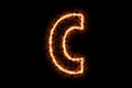 Fire burning forming letter C, capital English alphabet text character isolated on black background. 3d rendering illustration.