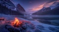 Fire burning on frozen lake in the mountains at night