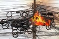Fire burning High Voltage Cables power, Danger wire tangle cord electrical energy