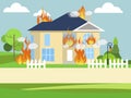 Fire, burning mansion, house. In minimalist style. Cartoon flat vector Royalty Free Stock Photo