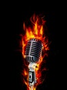 Fire burning microphone with black background