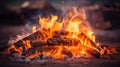 A fire is burning in the middle of a pile of wood, AI