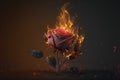 fire burning rose on black background .