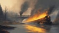 fire A burning train on fire, exploding, that crosses a exploding bridge being blown up, over a river Royalty Free Stock Photo
