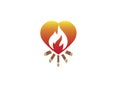 Fire burning wood campfire inside a heart for logo design