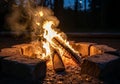 Fire burns brightly in a stone fire pit surrounded by roughly hewn Royalty Free Stock Photo