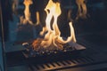 Fire burns in a fireplace with a close up Royalty Free Stock Photo