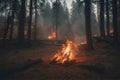 A fire burns in a forest, surrounded by tall trees Royalty Free Stock Photo
