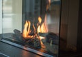 A fire burns in a glass fireplace, radiates heat Royalty Free Stock Photo