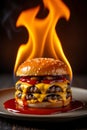 Flames burn the hamburger on the plate. Royalty Free Stock Photo