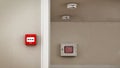 Fire button, smoke detectors and hose on the wall. 3D illustration