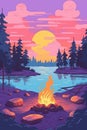 Fire camp near the lake at sunset. Beautiful illustration picture. Generative AI