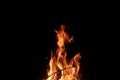 Fire in camping. Red fireplace and frame burning wood with coal in stove for giving warm, heat and smoke on black background Royalty Free Stock Photo