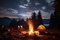 fire camping site under starry sky night scene Royalty Free Stock Photo