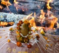 Fire ceremony with offers of only vegetable origin during Guru P Royalty Free Stock Photo