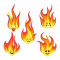 Fire character icons. Hot flame cute emoji with angry and smiles happy characters comic style vector set Royalty Free Stock Photo