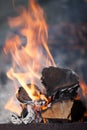 Fire with charcoals. Burning wood. Macro. Live flames with smoke. Wood with flame for barbecue and cooking bbq. Royalty Free Stock Photo