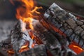 Fire with charcoals. Burning wood. Macro. Live flames with smoke. Wood with flame for barbecue and cooking bbq. Bright color. Royalty Free Stock Photo