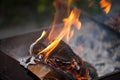 Fire with charcoals. Burning wood. Macro. Live flames with smoke. Wood with flame for barbecue and cooking bbq. Royalty Free Stock Photo