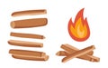 Fire with chopped wood in cartoon style. Sticks or firewood burn in red fire. Burning wood. Vector hand drawn Royalty Free Stock Photo