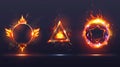 Fire circle and triangle magic portal with flare and sparkles. Bright glowing neon ring frame or door with orange flame