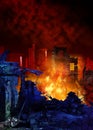 Fire in the city, urban catastrophe, big fire and destroyed buildings, futuristic scenery, 3d rendering