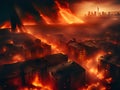 fire in the city of the world war day, burning and disaster Royalty Free Stock Photo