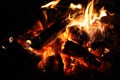 Fire. Closeup of pile of wood burning with flames in the fireplace.