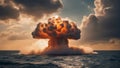 fire in the clouds A nuclear blast in the sea, creating a huge mushroom cloud and a shockwave