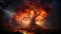 The Fire Consumes The Big Tree of Life in Forest Thuderstorm Background AI Generative