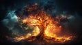 The Fire Consumes The Big Tree of Life in Forest Thuderstorm Background AI Generative